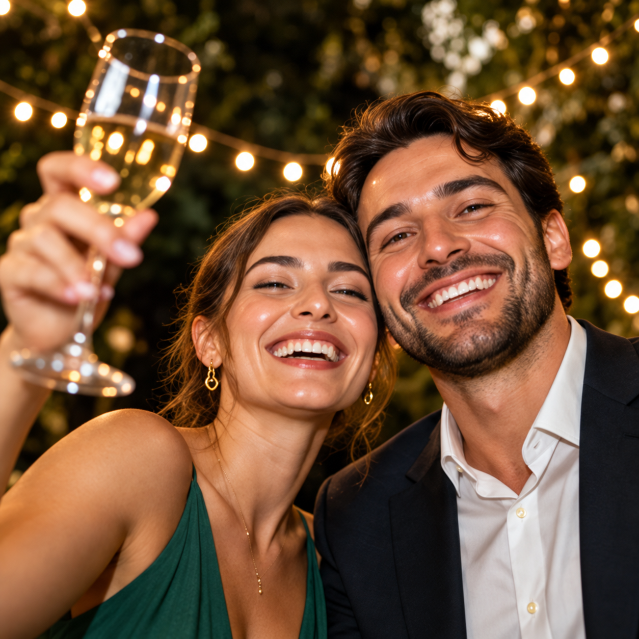 Illustrative photograph of two guests smiling together at a celebration